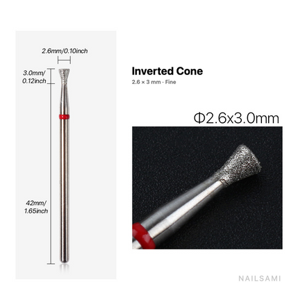 Diamond nail drill bit, inverted cone — 2.6 × 3 mm — fine