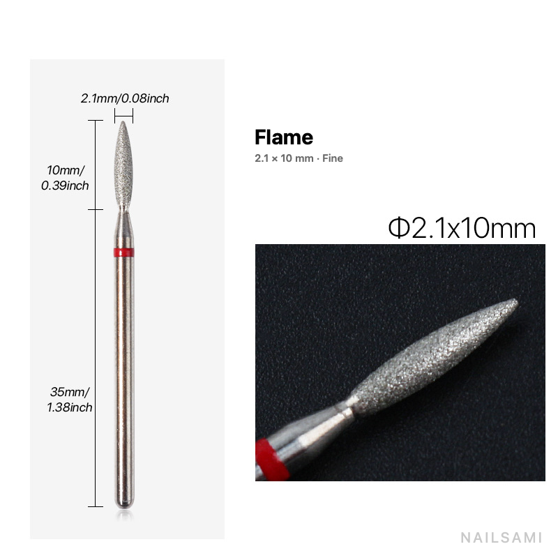 Diamond nail drill bit, flame — 2.1 × 10 mm — fine