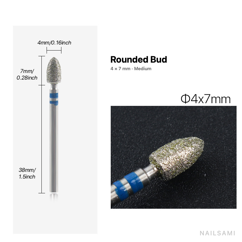 Diamond nail drill bit, rounded bud — 4 × 7 mm — medium