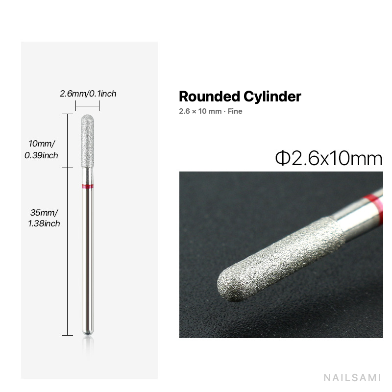 Diamond nail drill bit, rounded cylinder — 2.6 × 10 mm — fine