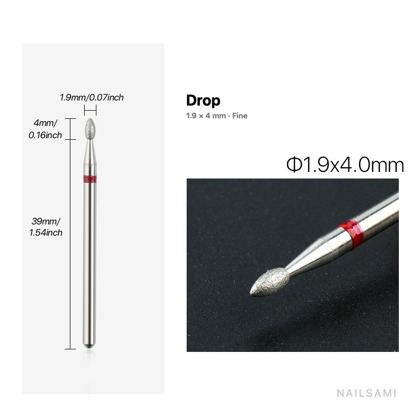 Diamond nail drill bit, drop — 1.9 × 4 mm — fine