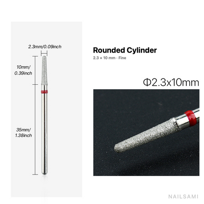 Diamond nail drill bit, rounded cylinder — 2.3 × 10 mm — fine
