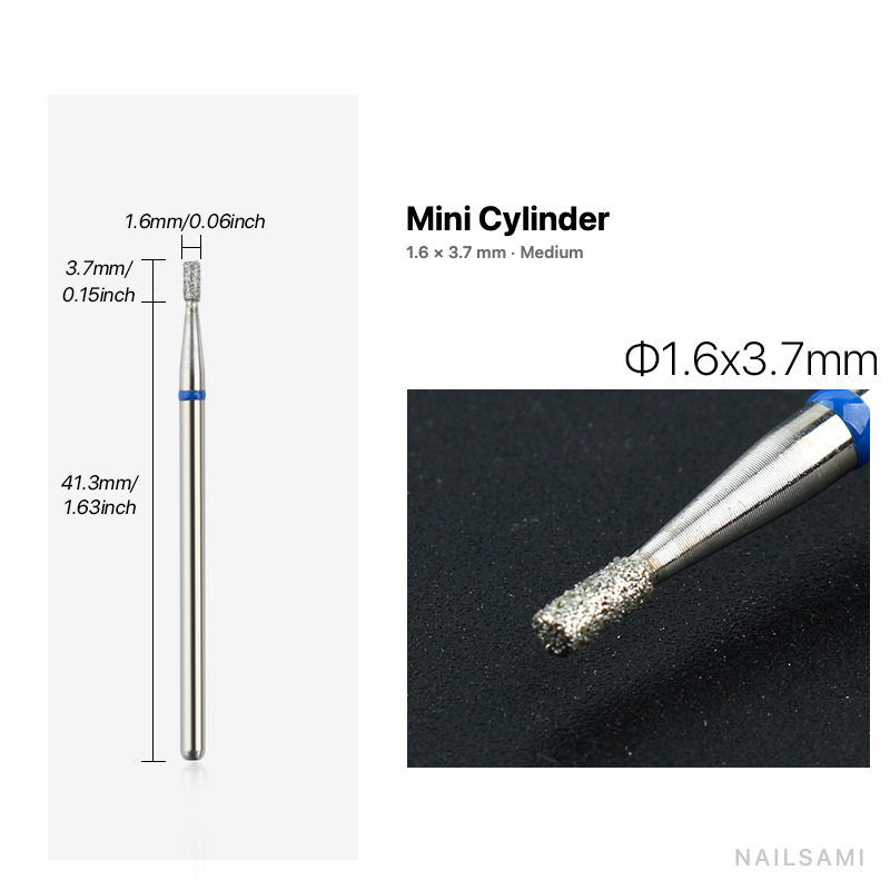 Diamond nail drill bit, mini cylinder — 1.6 × 3.7 mm — medium