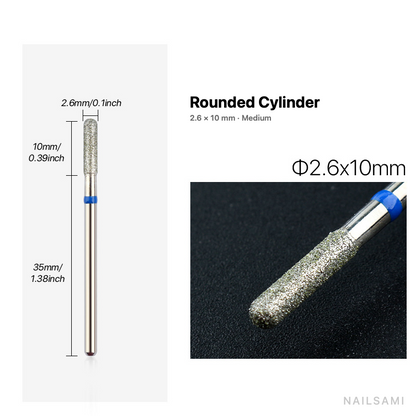 Diamond nail drill bit, rounded cylinder — 2.6 × 10 mm — medium