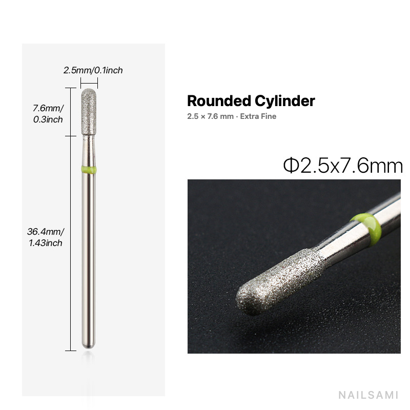 Diamond nail drill bit, rounded cylinder — 2.5 × 7.6 mm — extra fine
