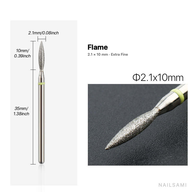 Diamond nail drill bit, flame — 2.1 × 10 mm — extra fine