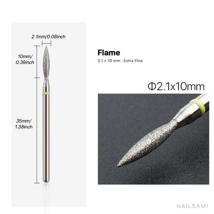 Diamond nail drill bit, flame — 2.1 × 10 mm — extra fine