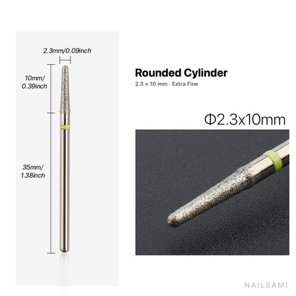 Diamond nail drill bit, rounded cylinder — 2.3 × 10 mm — extra fine