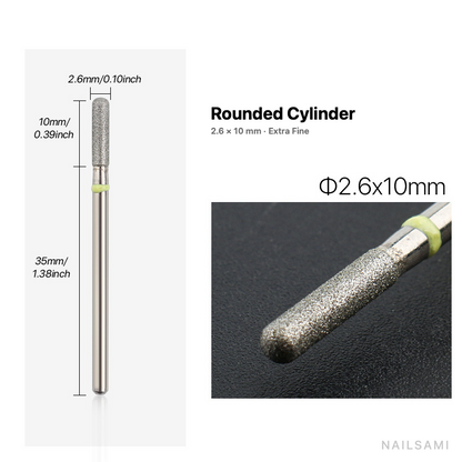 Diamond nail drill bit, rounded cylinder — 2.6 × 10 mm — extra fine