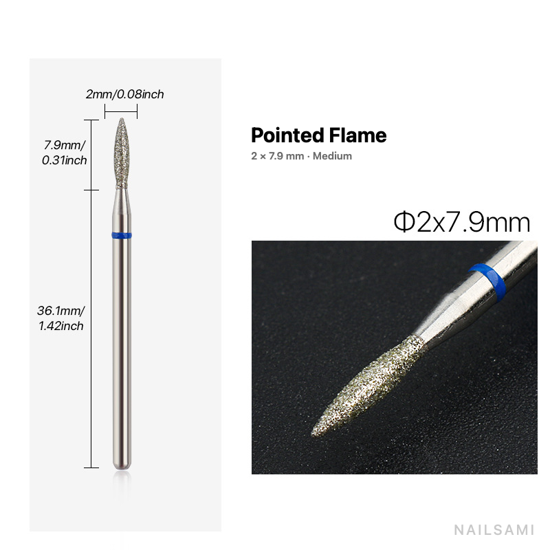 Diamond nail drill bit, pointed flame — 2 × 7.9 mm — medium