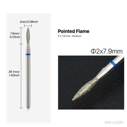 Diamond nail drill bit, pointed flame — 2 × 7.9 mm — medium