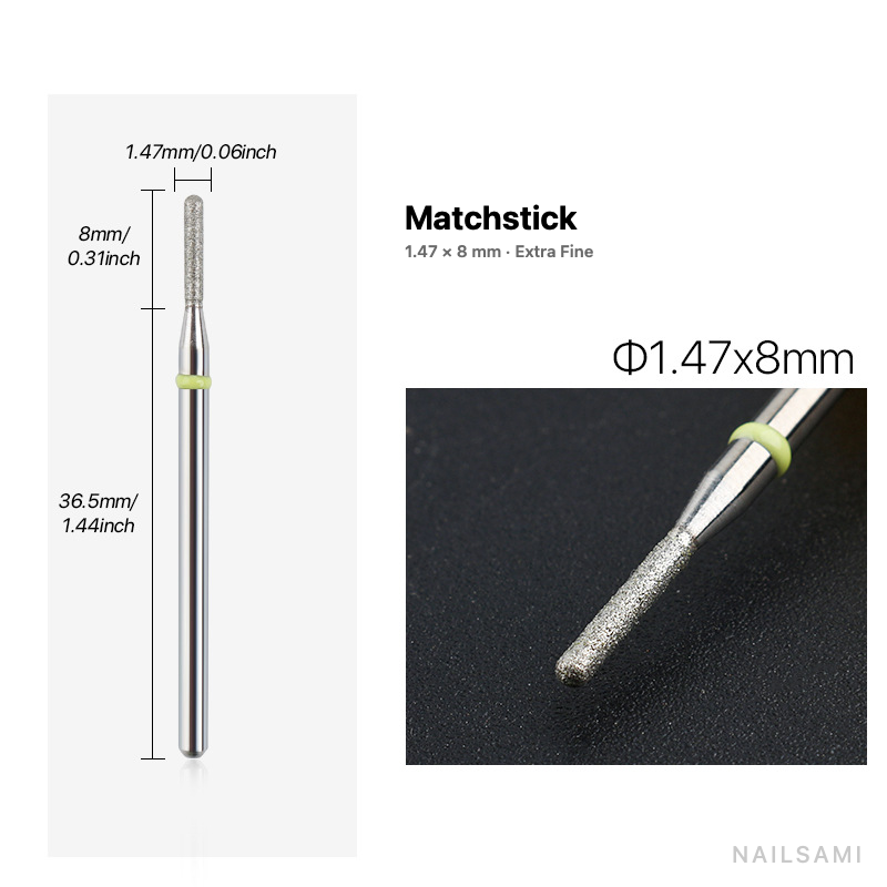 Diamond nail drill bit, matchstick — 1.47 × 8 mm — extra fine