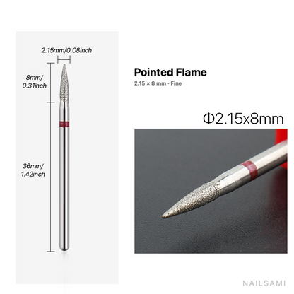 Diamond nail drill bit, pointed flame — 2.15 × 8 mm — fine