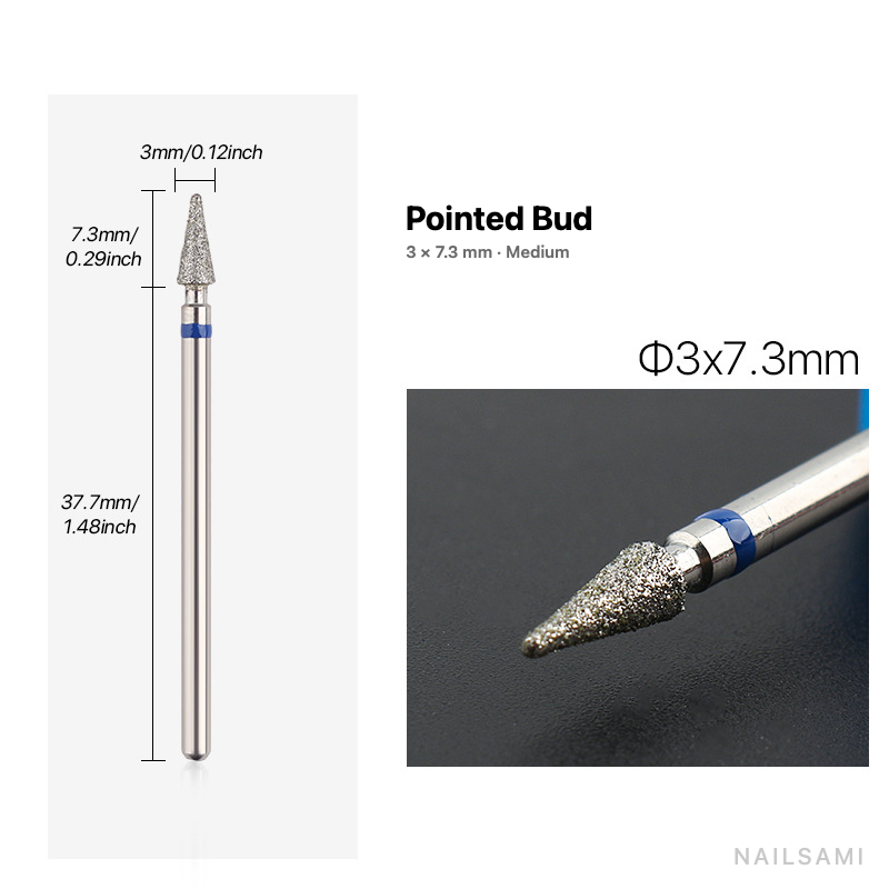 Diamond nail drill bit, pointed bud — 3 × 7.3 mm — medium