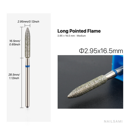 Diamond nail drill bit, long pointed flame — 2.95 × 16.5 mm — medium