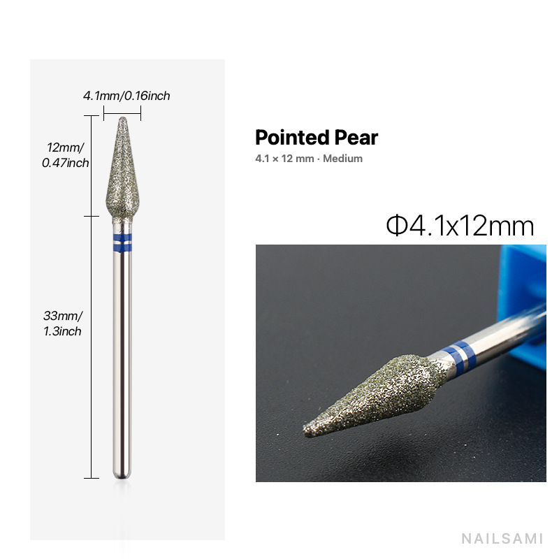 Diamond nail drill bit, pointed pear — 4.1 × 12 mm — medium