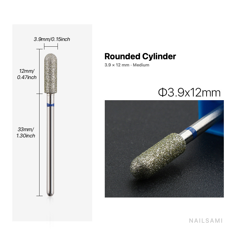 Diamond nail drill bit, rounded cylinder — 3.9 × 12 mm — medium