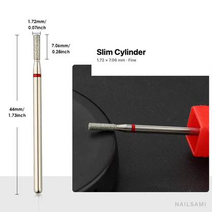 Diamond nail drill bit, slim cylinder — 1.72 × 7.06 mm — fine