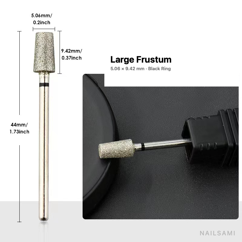Diamond nail drill bit, large frustum — 5.06 × 9.42 mm — black ring