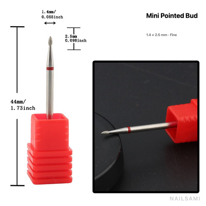 Diamond nail drill bit, mini pointed bud — 1.4 × 2.5 mm — fine