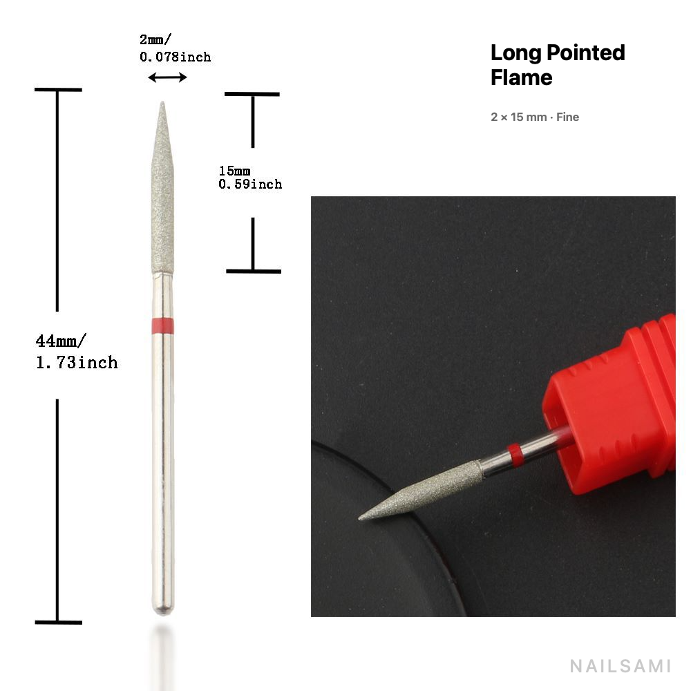 Diamond nail drill bit, long pointed flame — 2 × 15 mm — fine