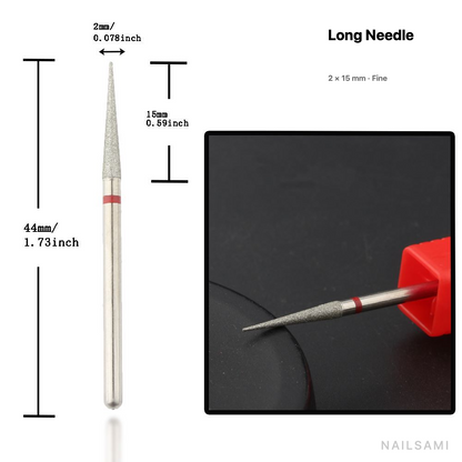 Diamond nail drill bit, long needle — 2 × 15 mm — fine