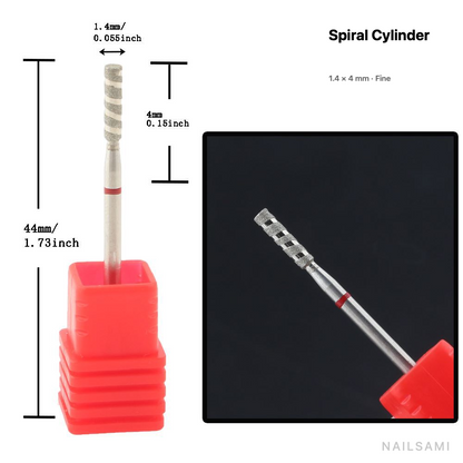 Diamond nail drill bit, spiral cylinder — 1.4 × 4 mm — fine
