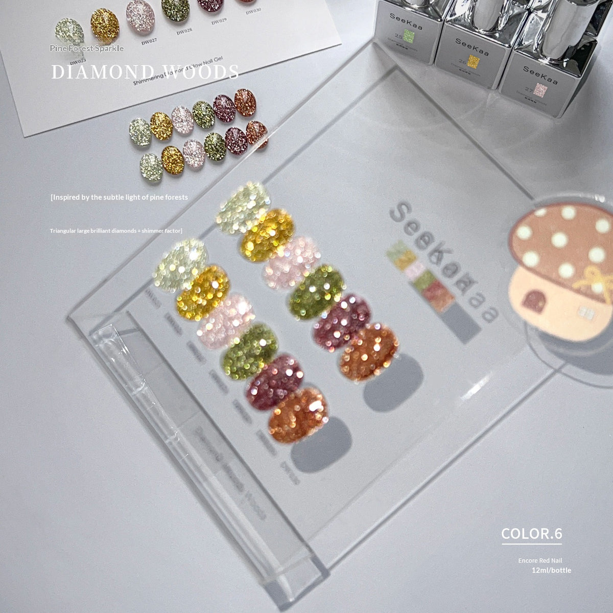 Diamond Woods reflective chunky glitter gel polish nail swatches in six earthy shades