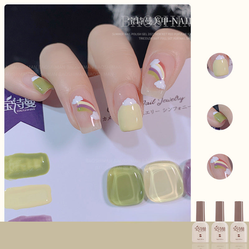 Tender Grass Green + Autumn Frost Yellow + Vanilla Purple 02 cat eye gel polish for sophisticated and unique nail art with a tender grass green base, accented by autumn frost yellow and vanilla purple 02 for a refined look