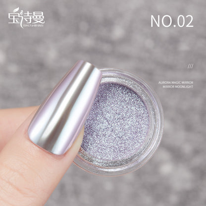 Mirror Chrome Nail Powder #02: Shimmering silver mirror chrome nail powder #02, designed for a sleek, metallic finish. Provides a brilliant shine and a smooth chrome look, enhancing any manicure with its radiant silver color.