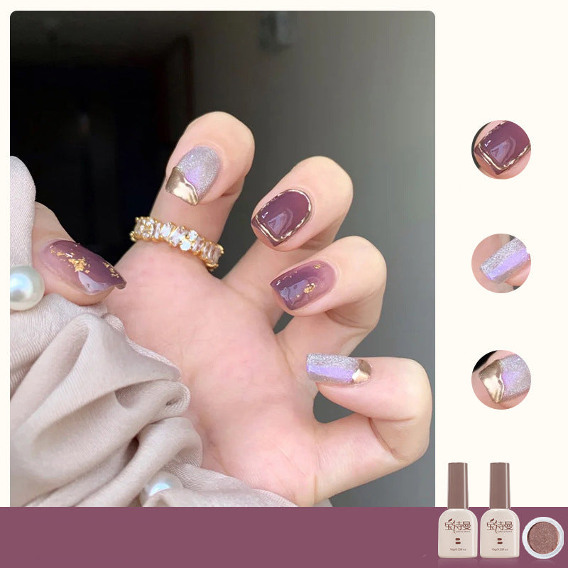 Icy Bean Paste Purple + Purple Light Crystal Cat Eye + Mirror Powder Champagne Gold cat eye gel polish for vibrant and eye-catching nail art featuring a blend of icy bean paste purple and purple light crystal cat eye shimmer, accented with mirror powder champagne gold for a luxurious appearance