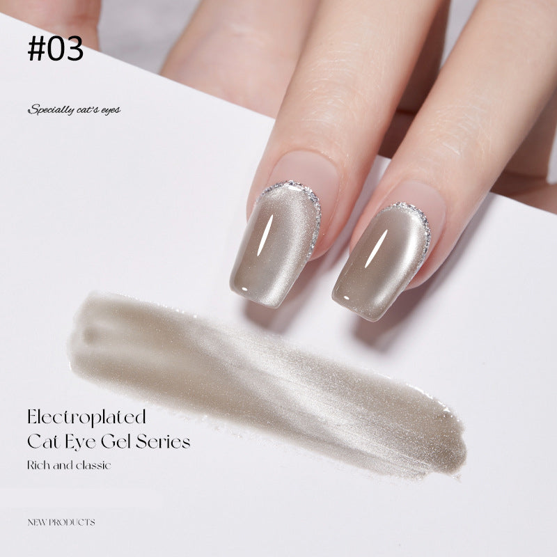 Cat eye gel polish Color 03 for elegant and luxurious nail designs with a soft taupe cat eye effect, adding depth and refinement