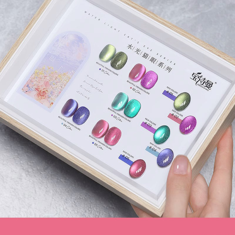 5-Color Dream Season Cat Eye Set includes color board, nail tips, magnet for comprehensive and versatile nail art with a variety of dreamy cat eye effects, perfect for creating diverse and stunning designs