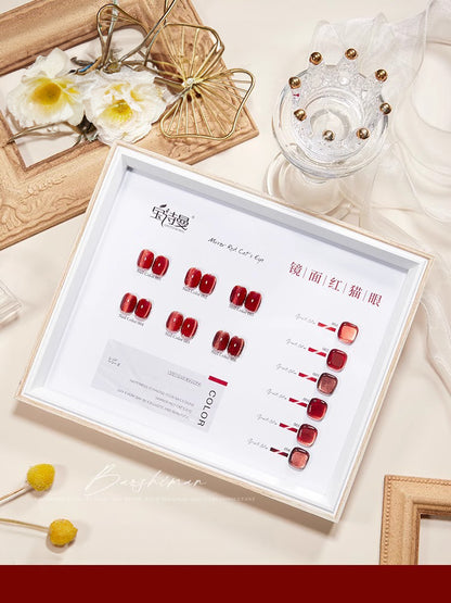 6-color mirror red cat eye gel polish set includes color board and nail tips for achieving stunning and reflective red cat eye nail art