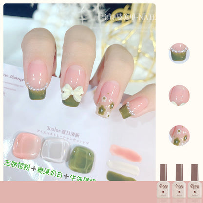 Jade Sakura Pink + Candy Milk White + Avocado Green cat eye gel polish for elegant and refreshing nail designs with a jade sakura pink base, enhanced by candy milk white and avocado green for a refined and vibrant appearance