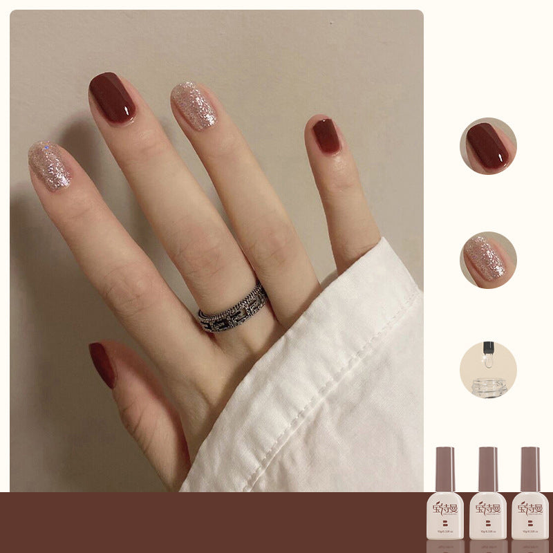 Icy Red Brown + Brilliant Gold + Tempered Top Coat cat eye gel polish for creating stunning and elegant nail art with an icy red brown base, accented by brilliant gold and tempered top coat for a luxurious look