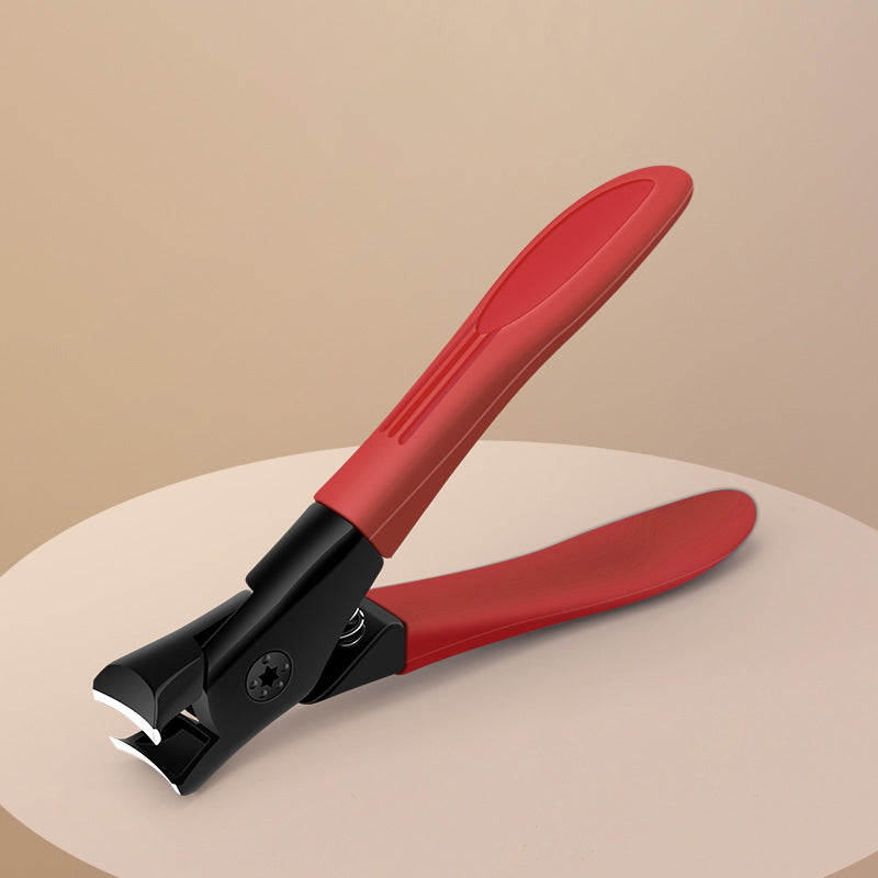 A professional-grade nail clipper featuring a sturdy black metal cutting head designed for precision trimming. The clipper has ergonomically designed red handles that provide a comfortable and secure grip, ensuring ease of use and control. The spring mechanism between the handles allows for smooth and efficient operation, making it ideal for both professional and at-home manicures and pedicures.