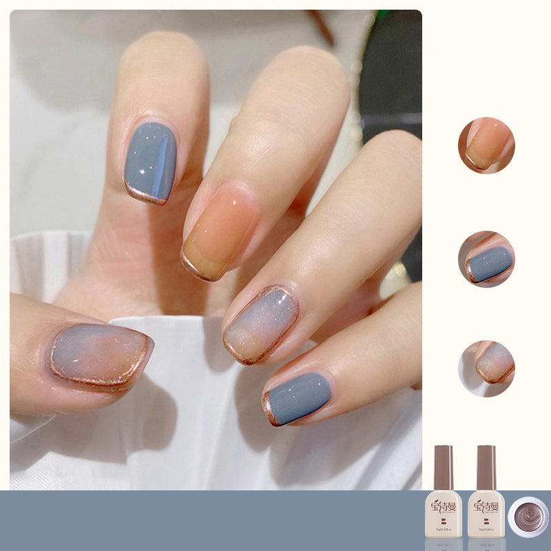 Fog Blue + Transparent Orange + Metallic Glue Rose Gold cat eye gel polish for dynamic and unique nail designs with a fog blue base, enhanced by transparent orange and metallic glue rose gold for a captivating appearance