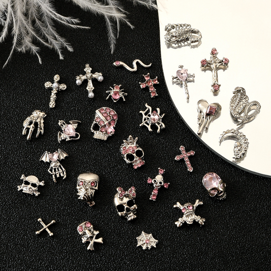 Silver-tone gothic alloy nail charms with pink rhinestones in assorted Halloween motifs