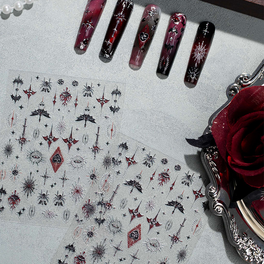 Full CL-557Y gothic monster nail sticker sheet beside red and black Halloween nail examples