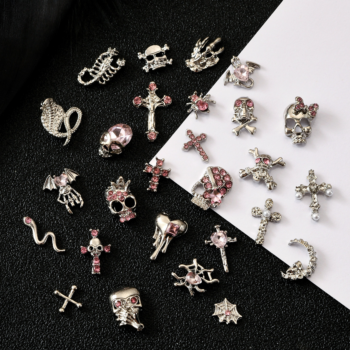 Detailed gothic alloy nail charms with pink rhinestone and faux-pearl accents