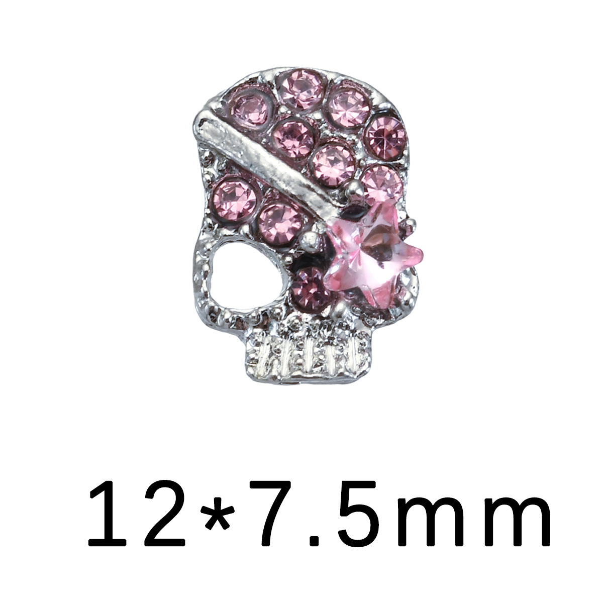 Pink rhinestone skull nail charm measuring approximately 12 by 7.5 millimetres