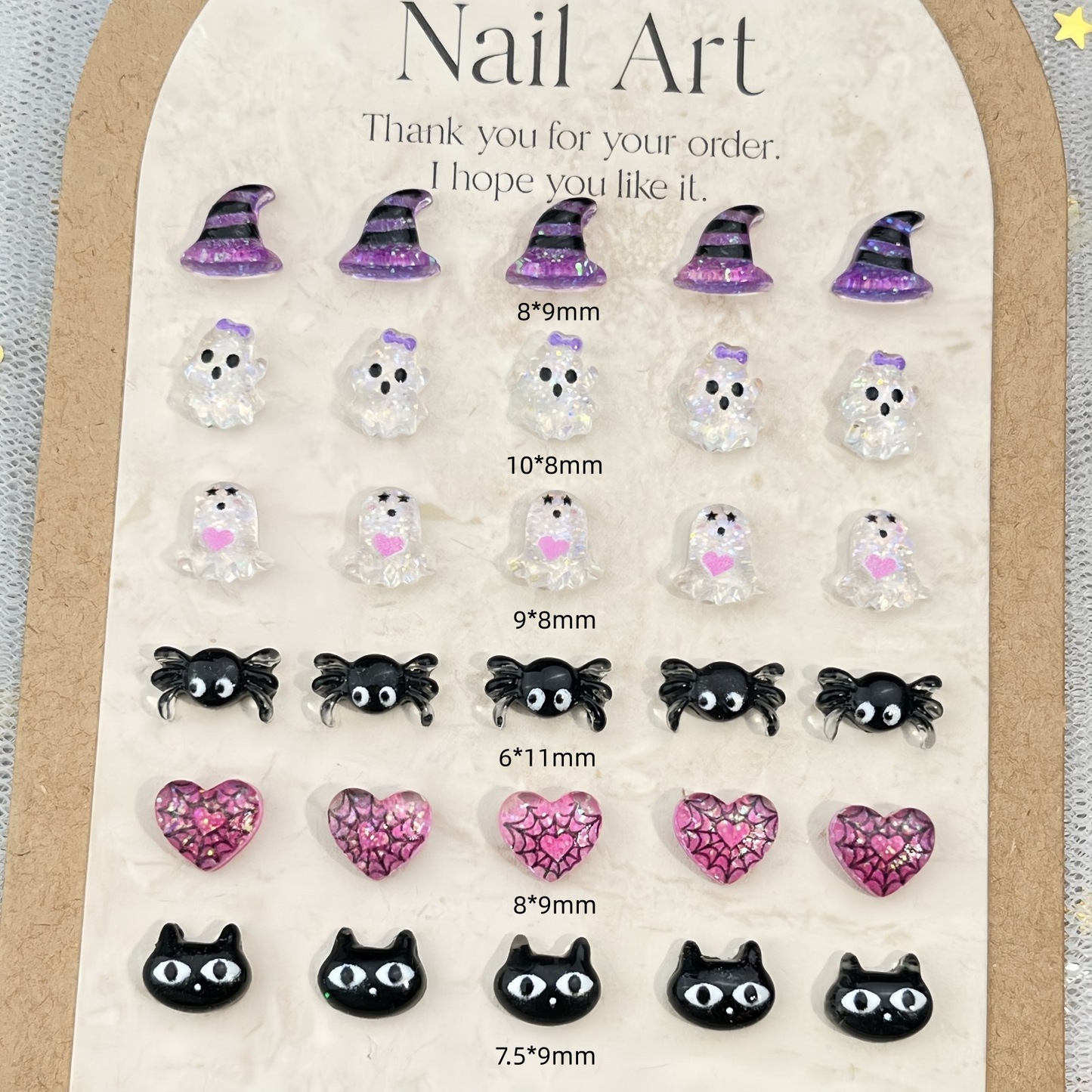 Halloween jelly resin flatback nail charms with six motif sizes from 6 to 11 millimetres
