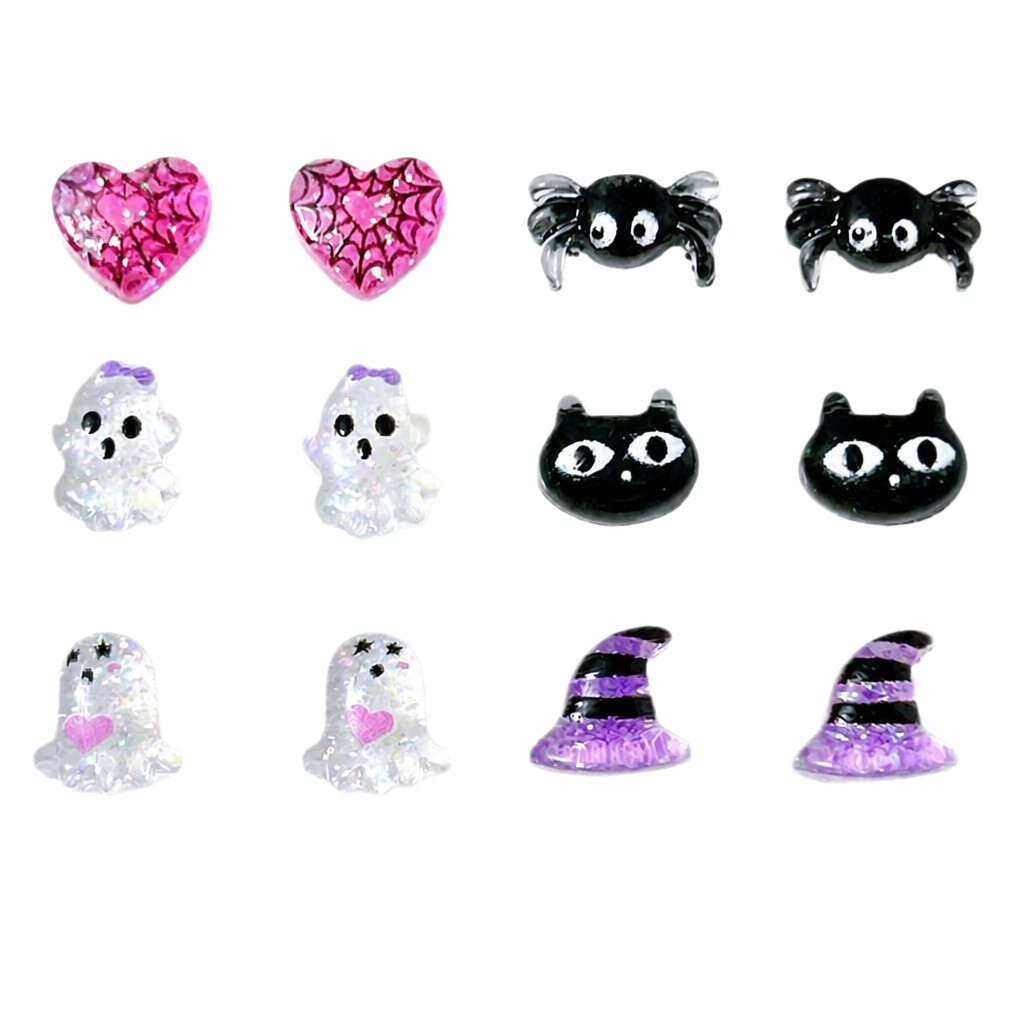 Halloween resin nail charm motifs including hearts spiders ghosts cats and witch hats