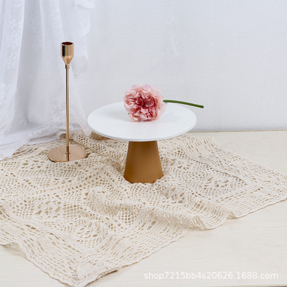 Ivory white crochet lace tablecloth styled for cake and food photography