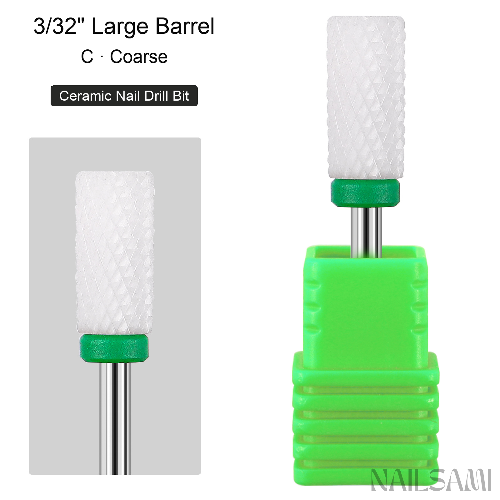 White large barrel ceramic nail drill bit, coarse cut with green ring and 3/32-inch shank