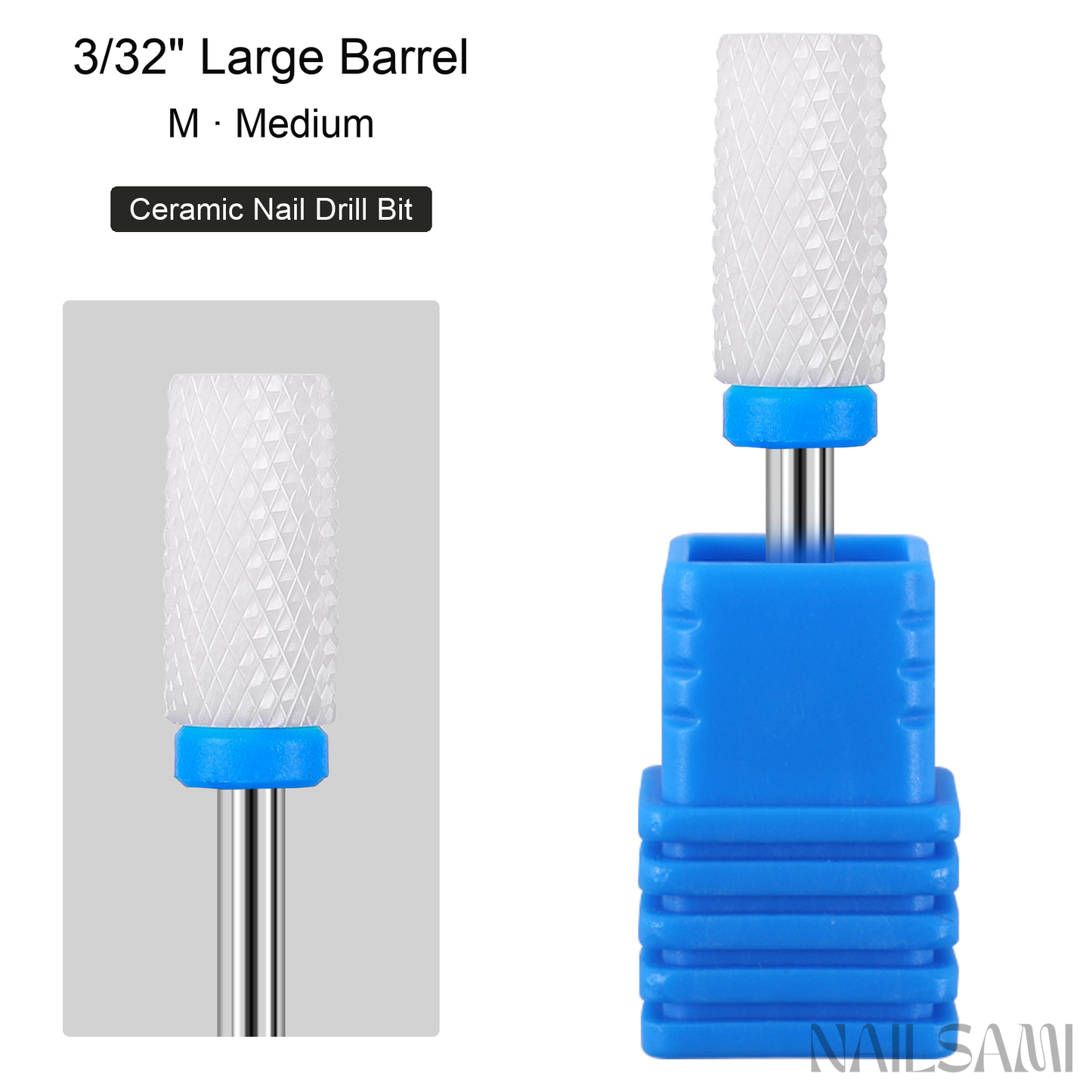 White large barrel ceramic nail drill bit, medium cut with blue ring and 3/32-inch shank