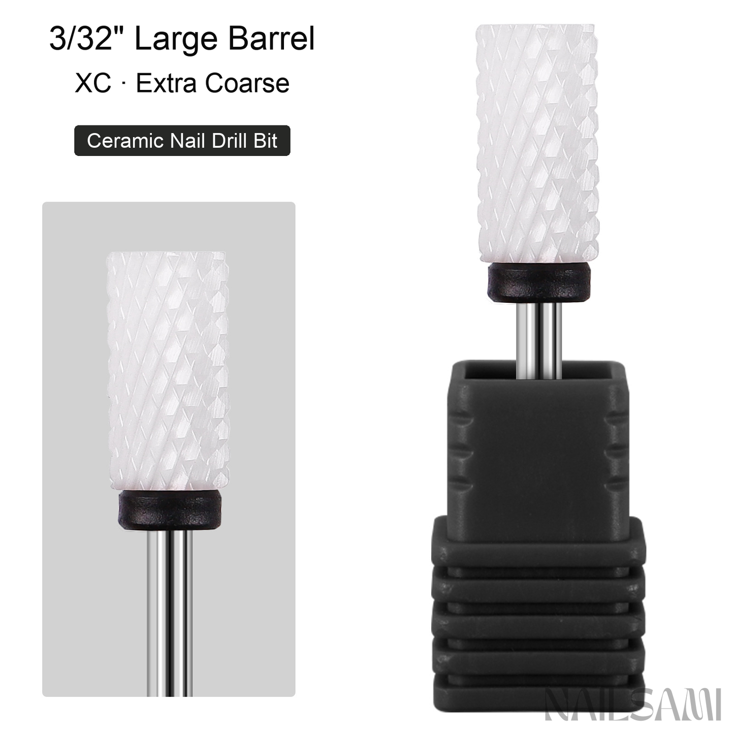 White large barrel ceramic nail drill bit, extra coarse cut with black ring and 3/32-inch shank