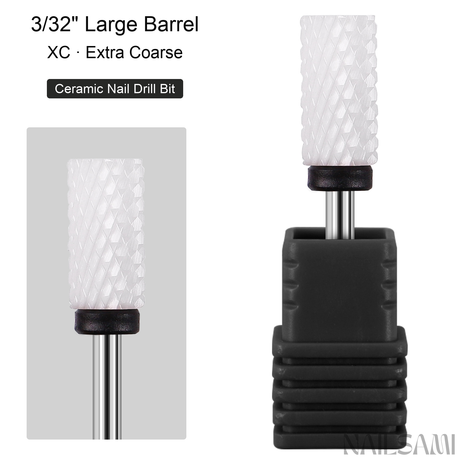 White large barrel ceramic nail drill bit, extra coarse cut with black ring and 3/32-inch shank