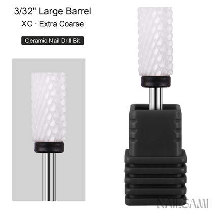 White large barrel ceramic nail drill bit, extra coarse cut with black ring and 3/32-inch shank